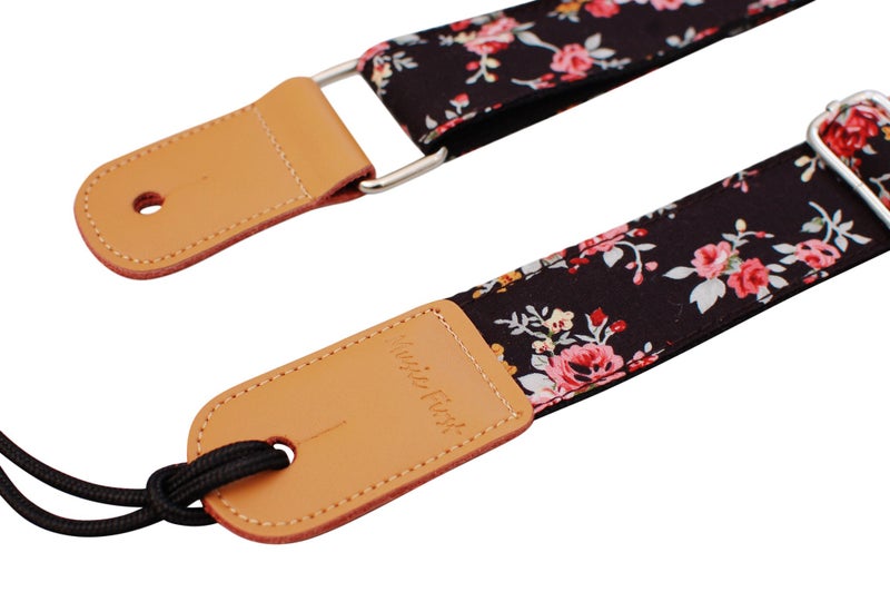 MUSIC FIRST Original Design â€œRosa Multiflora in Blackâ€ Soft Muslin & Genuine Leather Ukulele Strap Ukulele Shoulder Strap - Image 4